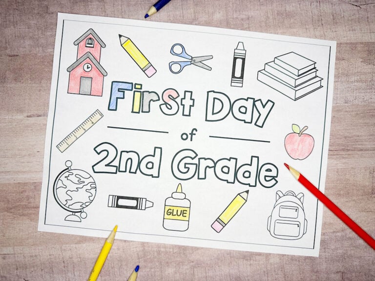 first day of second grade coloring page on table with pencils