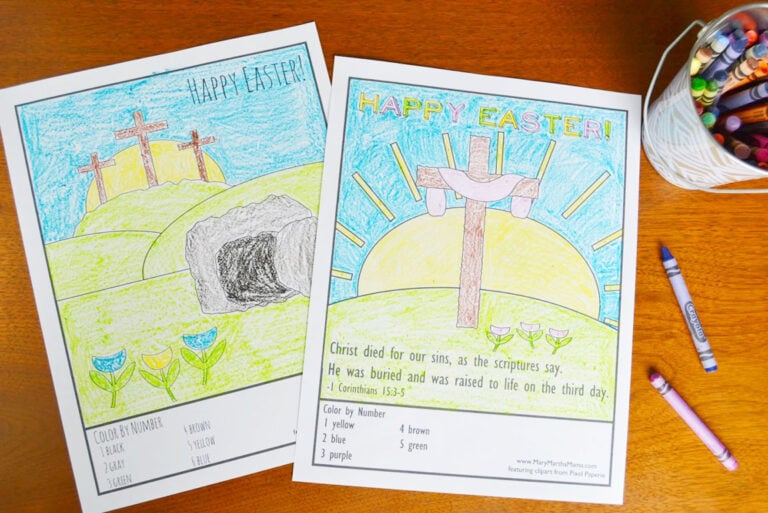 Free Easter Story Printables for kids on a table with Crayons