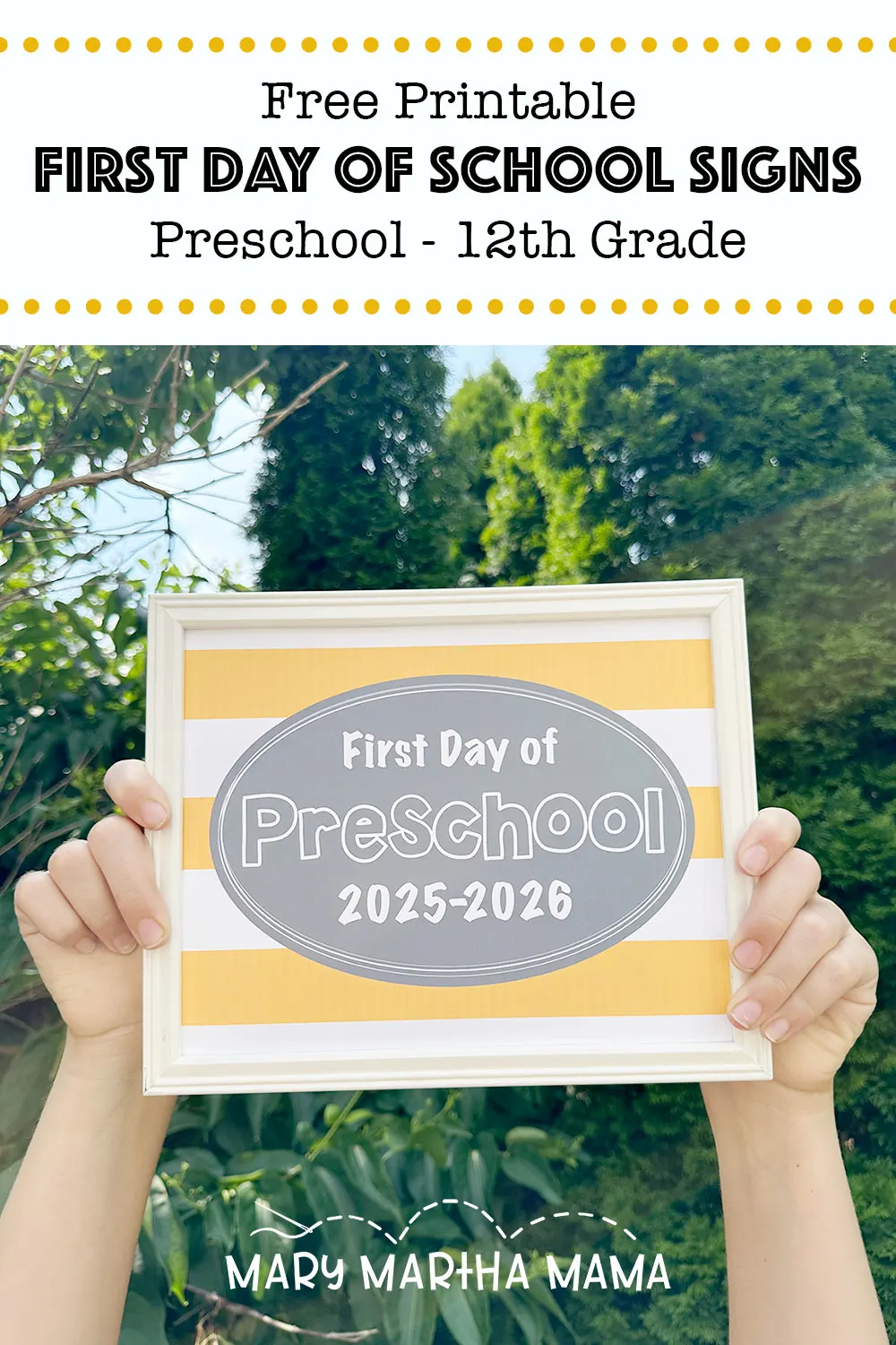 free printable first day of school signs 2025 with a child holding up a sign that says first day of preschool