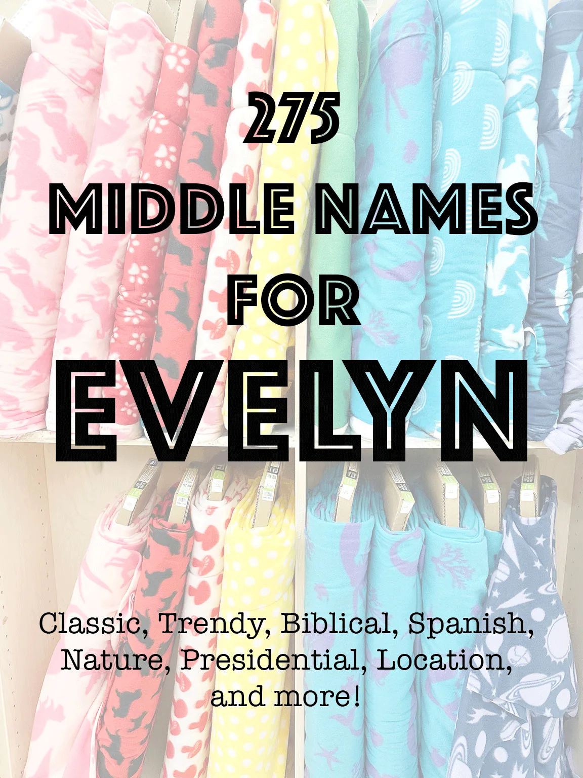 Middle Names for Evelyn text over fleece material bolts